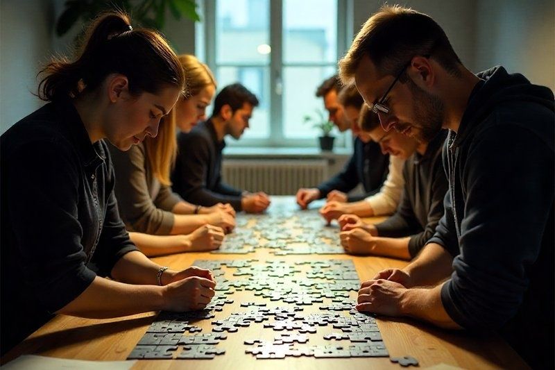 Team members collaboratively assembling a large jigsaw puzzle at a table